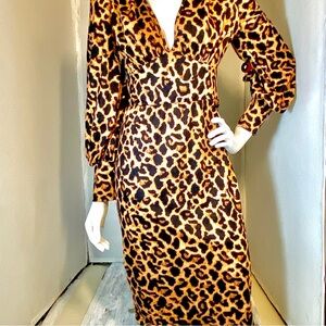 Leopard Print Long-Sleeve Midi Dress - Brown Animal